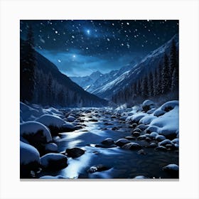 Midnight Scene Unveiling Snow Covered Mountain Forests Under A Pitch Black Sky Interspersed With La Canvas Print