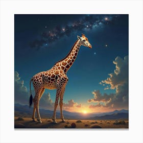 A Giraffe With Galactic Patterns In Its Spots, Reaching Toward The Stars In A Surreal Landscape Canvas Print