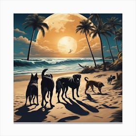 Dogs Full Moon, Sandy Parking Lot, Surfboards, Palm Trees, Beach, Whitewater, Surfers, Waves, Ocean, Canvas Print