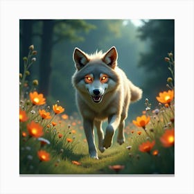 A Fanciful Wolf With Glowing Eyes, Running Through A Meadow Filled With Luminous Flowers Canvas Print