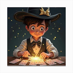 A Boy Wearing A Magician’S Hat, Pulling Glowing Cards From A Deck, With Sparkles Floating Around Him Canvas Print