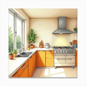 Bright And Beautiful Kitchen, Watercolor Painting, Warm Hues 1 Canvas Print