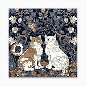William Morris  Inspired  Classic Cats Brown And White Blue Kittens Square Canvas Print