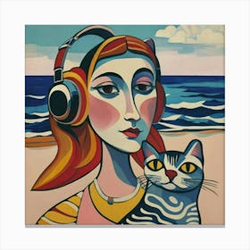 Woman With Headphones And A Cat Canvas Print