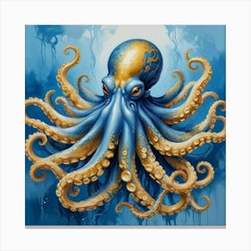 Octopus Blue And Gold Animal Art Print 2 Canvas Print