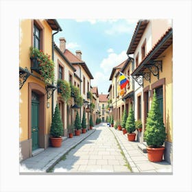 Watercolor View Of English Streets With Romanian Festival Decorations 1 Canvas Print