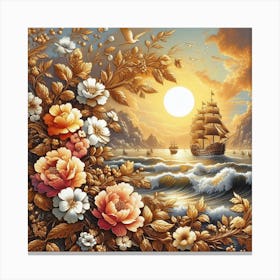 A magical sunset on a sailing ship in the ocean Canvas Print