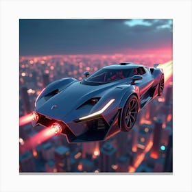 Sleek Futuristic Car With Glowing Engines, Cruising Above A Neon Lit City 1 Canvas Print