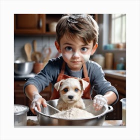 Little Boy Baking With Dog Canvas Print