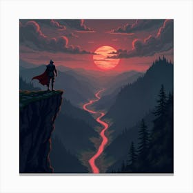 A Knight Standing On A Cliff, Overlooking A Glowing Valley 1 Canvas Print