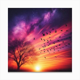 Sunset With Birds Canvas Print