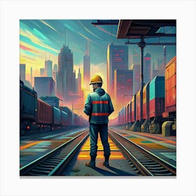 Railroad Worker Standing On Tracks In Front Of Cityscape Canvas Print