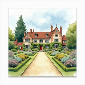 An English Countryside Manor With A Formal Garden, Rendered In Watercolor 1 Canvas Print