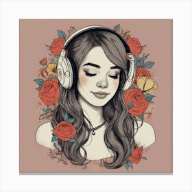 Girl With Headphones And Roses Canvas Print