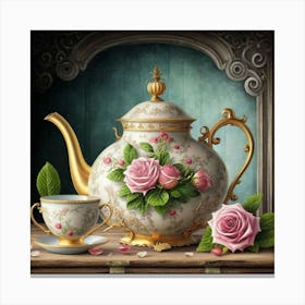 A very finely detailed Victorian style teapot with flowers, plants and roses in the center with a tea cup 6 Canvas Print