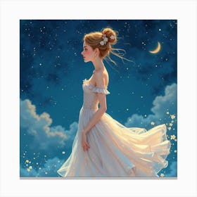 Elegant Lady In Watercolor Attire, Dreamy Starry Night 1 Canvas Print