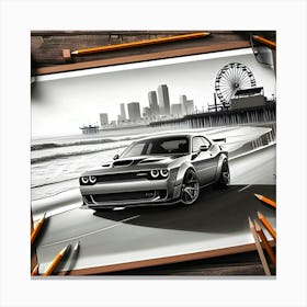 A Pencil Drawing Of A Dodge Hellcat At A Beach Front 1 Canvas Print