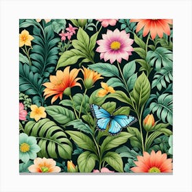 Seamless Pattern With Flowers And Butterflies Canvas Print