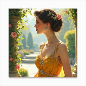 Elegant French Woman In A Luxurious Garden, Watercolor With Opulent Tones 1 Canvas Print