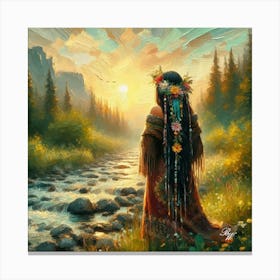 Oil Texture Native American Woman By Stream 3 Canvas Print