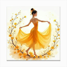 Beautiful Dancer Amidst Watercolor Golden Blossoms 1 Canvas Print