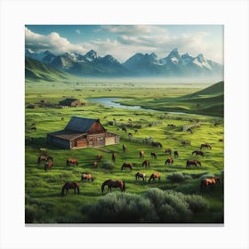 Horses Grazing In The Mountains Canvas Print