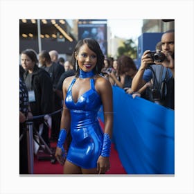 A Sexy Black Woman A Black Latex Dress Attending an Event Daylight Long Black Hair Arms on the Red Carpet - Created by Midjourney Canvas Print