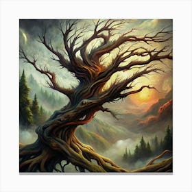 A Twisted, Bare Tree In A Misty Forest 1 Canvas Print