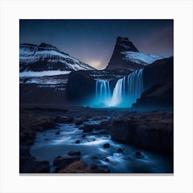 Waterfall At Night In Iceland Canvas Print