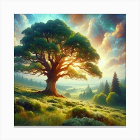 Oak tree standing tall in a lush green landscape Canvas Print