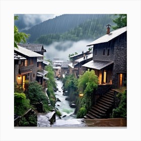Rain In A Mountain Village Falls On Crowded Houses And Trees And Water Flows Between Alleys Canvas Print