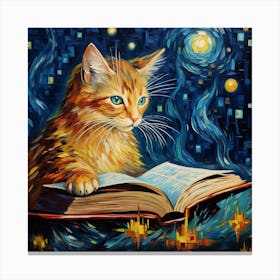Cat Reading A Book, Vincent Van Gogh Inspired Canvas Print