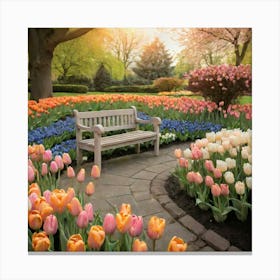 In A Quaint Corner Of The Park A Rainbow Of Tulips Spills Over The Edges Of A Meticulously Tended Garden Canvas Print