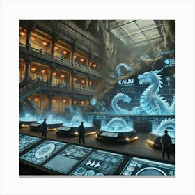 A High Tech Kaiju Control Center Inside A Large Ca Canvas Print