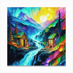 Abstract art stained glass art of a mountain village in watercolor 6 Canvas Print