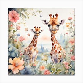 Giraffes In The Garden Canvas Print