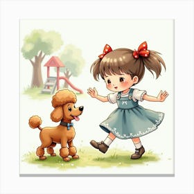 A Toy Poodle And A Girl With Pigtails Playing In A Playground, Watercolor Canvas Print