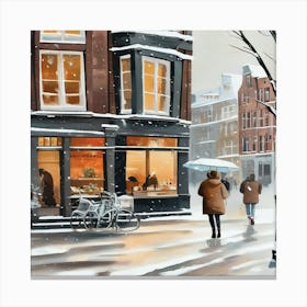 Paris cafes, winter season, Christmas, pale colors, pedestrians in the street, winter clothes, falling snow.3 1 Canvas Print