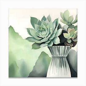 Succulents In A Vase Monochromatic Watercolor Canvas Print