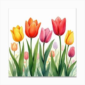 Watercolor Tulips Blooming In A Colorful Spring Garden 1 Canvas Print