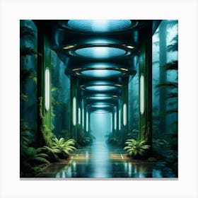 Interior lit entrances to alien spaceship corridors. Fumes from outdoor air conditioners from the spaceship shell. Canvas Print