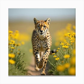 Cheetah Running In Wildflowers 1 Canvas Print