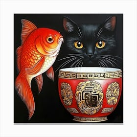 Goldfish And Cat Art Canvas Print