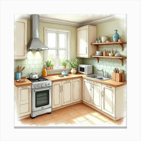 Elegant Kitchen Watercolor, Cheerful And Warm Ambiance 1 Canvas Print