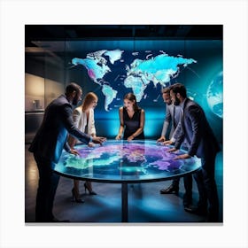 A Diverse Group Of Professionals Gathered Around A Sleek Glass Table Engaged In Lively Discussion Canvas Print