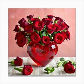 Red Roses In A Heart Vase Canvas Print