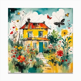 Playful Watercolour Butterflies in Cottage Garden Canvas Print