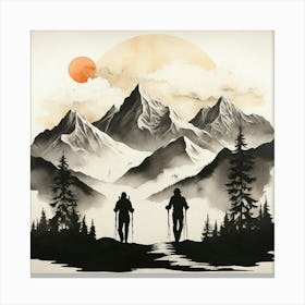 Boho art silhouette of Mountains and skiers 1 Canvas Print