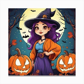 Halloween Witch With Pumpkins 2 Canvas Print