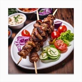 Kebabs On Skewers With Salad And Vegetables Canvas Print